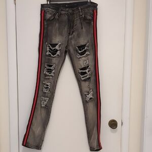 Distressed Gray Skinny Jeans with Red Stripe
